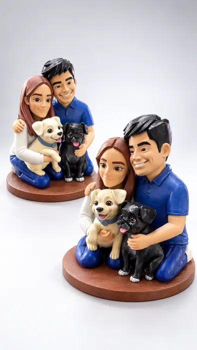 Dos figuras impresas en 3D de una pareja abrazando a sus dos perritos, sobre base redonda