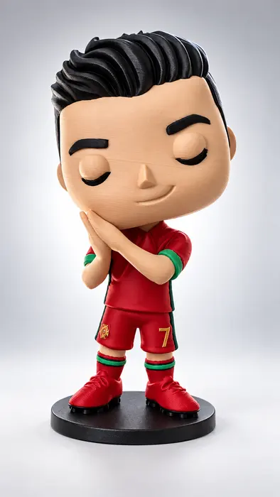 Figura impresa en 3D de un futbolista con camiseta roja sobre base negra