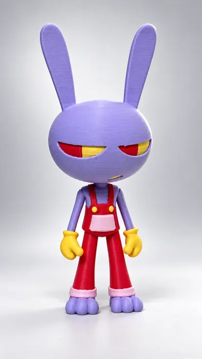Figura impresa en 3D de un conejo morado de caricatura