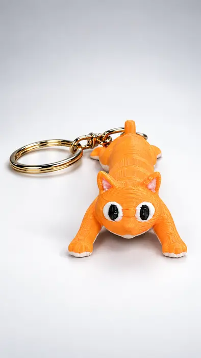 Llavero de gatito naranja impreso en 3D con argolla dorada