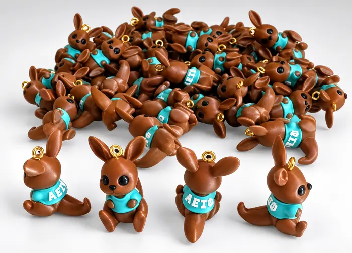 Llaveros personalizados: montón de llaveros de canguro marrón con pañuelo celeste impresos en 3D