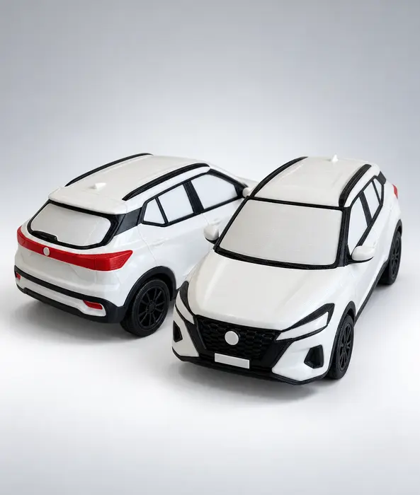 Dos miniaturas impresas en 3D de una camioneta blanca, vista de frente y de atrás