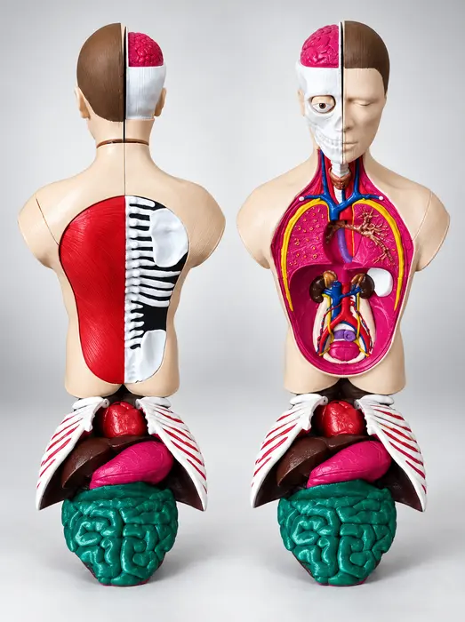 Dos modelos anatómicos de torso humano impresos en 3D con órganos a la vista