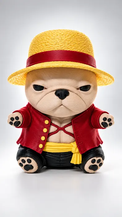 Figura impresa en 3D de un perrito bulldog vestido de pirata con sombrero de paja