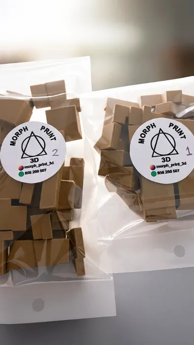 Dos bolsas con decenas de piezas impresas en 3D, listas para entregar con la etiqueta de Morph Print 3D