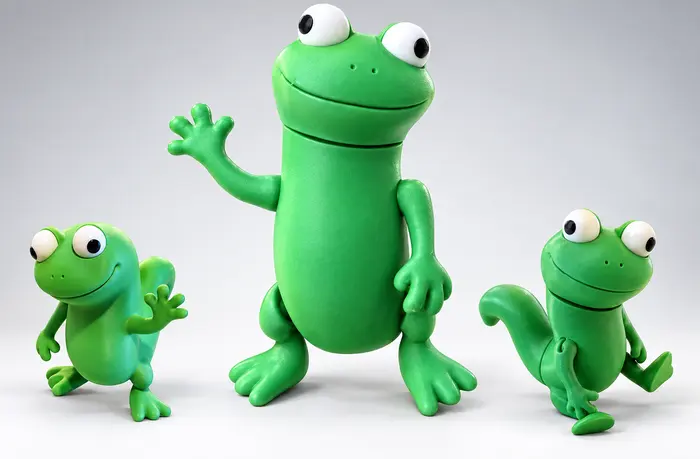 Juguetes personalizados: tres ranitas verdes impresas en 3D en distintas poses