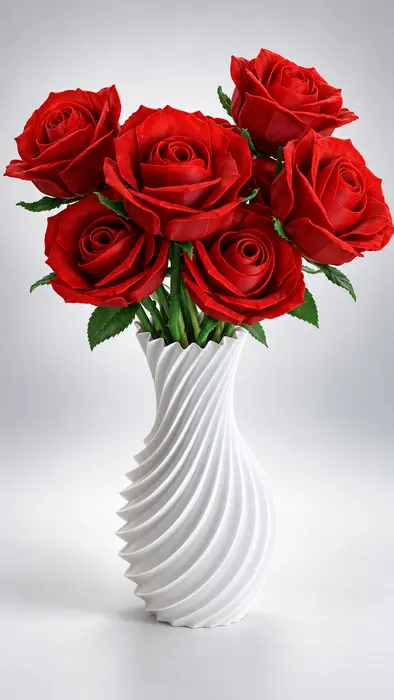 Rosas rojas impresas en 3D en un florero blanco en espiral